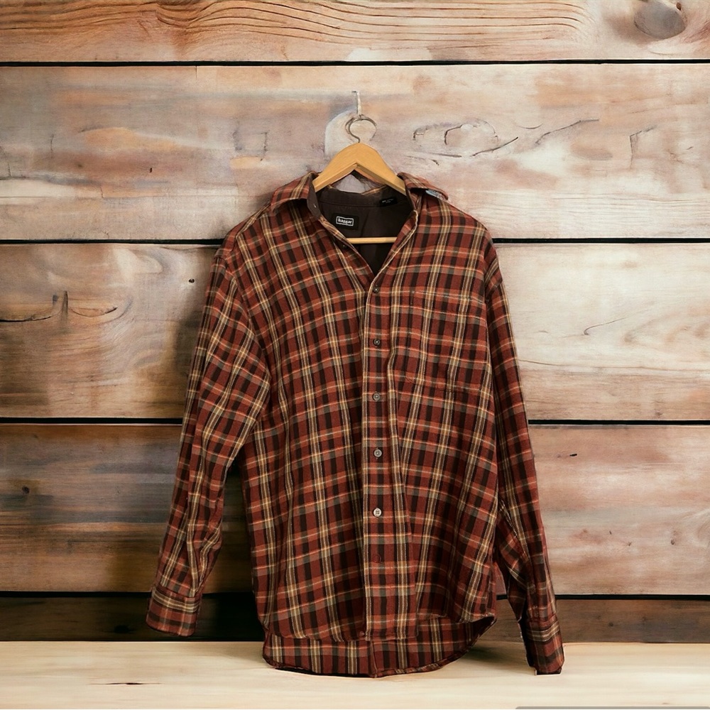 Men's Haggar Flannel Plaid Button Up Long Sleeve Shirt Size Small Brown Rust